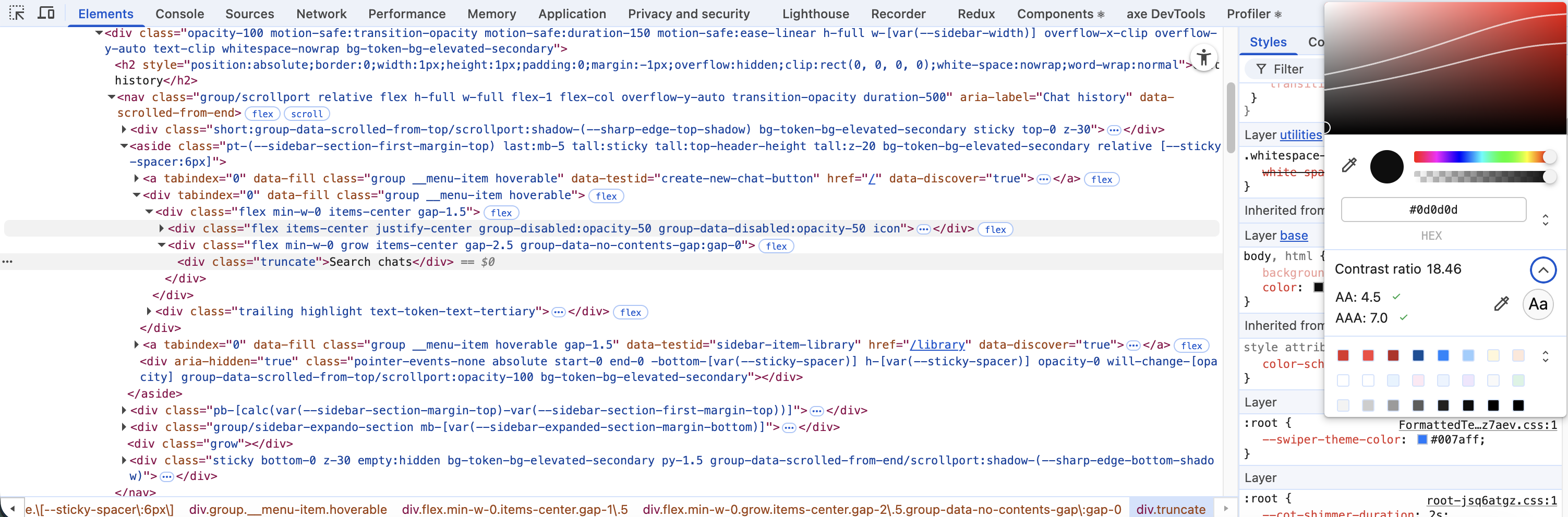Chrome DevTools showing color contrast ratio